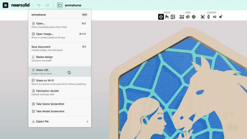 Menú de NearSolid con la opción para crear un enlace compartido del modelo